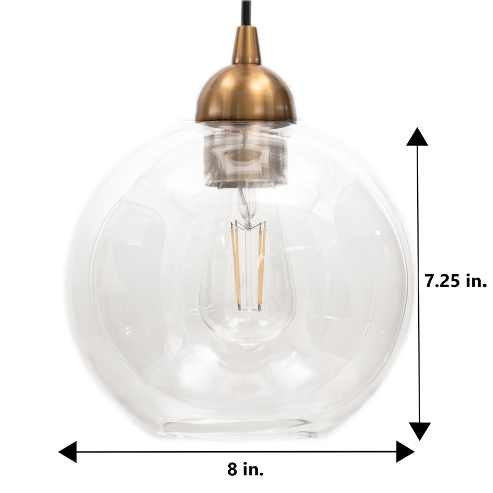Satin Brass Clear Globe Instant Pendant measures 7.25" tall and 8" wide