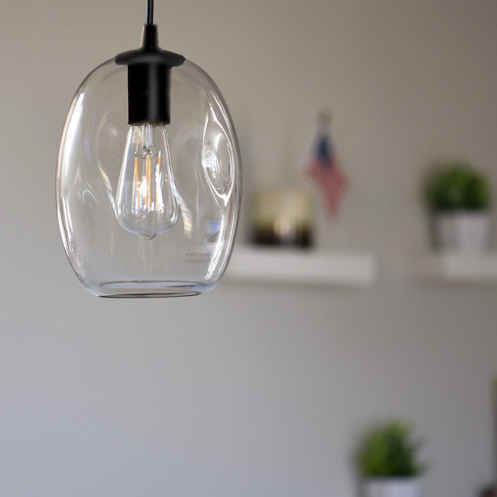 Matte Black Instant Pendant Recessed Can Conversion kit with Clear Dimpled Glass closeup