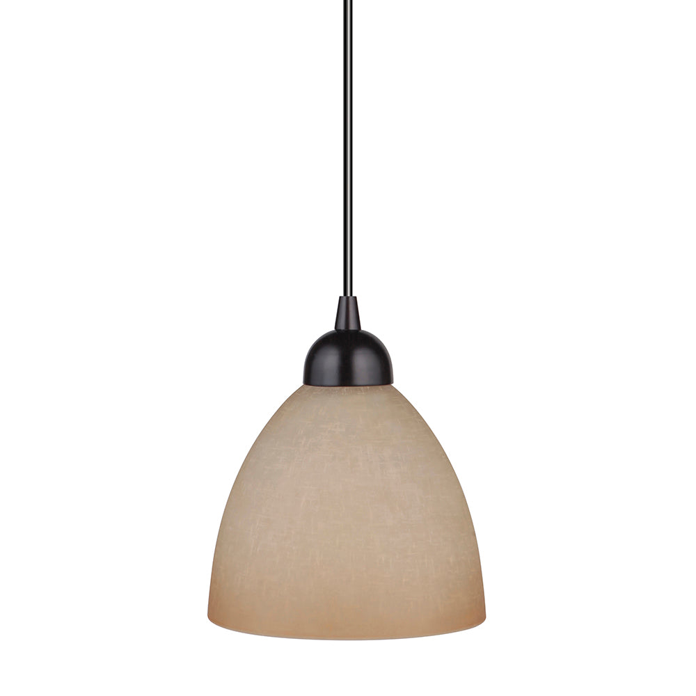Closeup of an Oil Rubbed Bronze Instant Pendant light with Linen Glass Shade