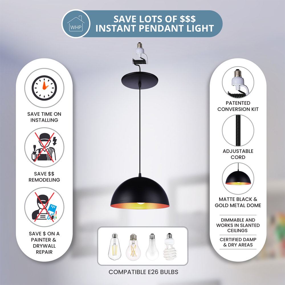 Matte Black & Gold Metal Dome Instant Pendant has an adjustable cord and saves money on remodeling