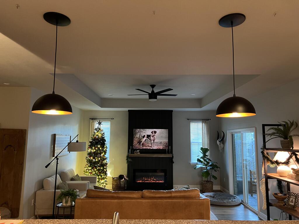 Customer wrote 5 star review with photo of two Matte Black & Gold Metal Dome Instant Pendants