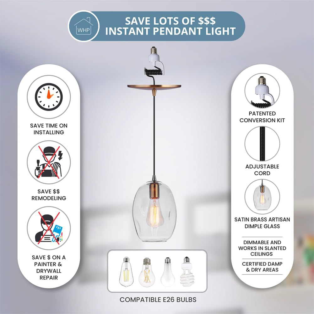 Cord Adjusts to 48 inches. Satin brass hardware and dimple glass shade. Save money on remodeling.