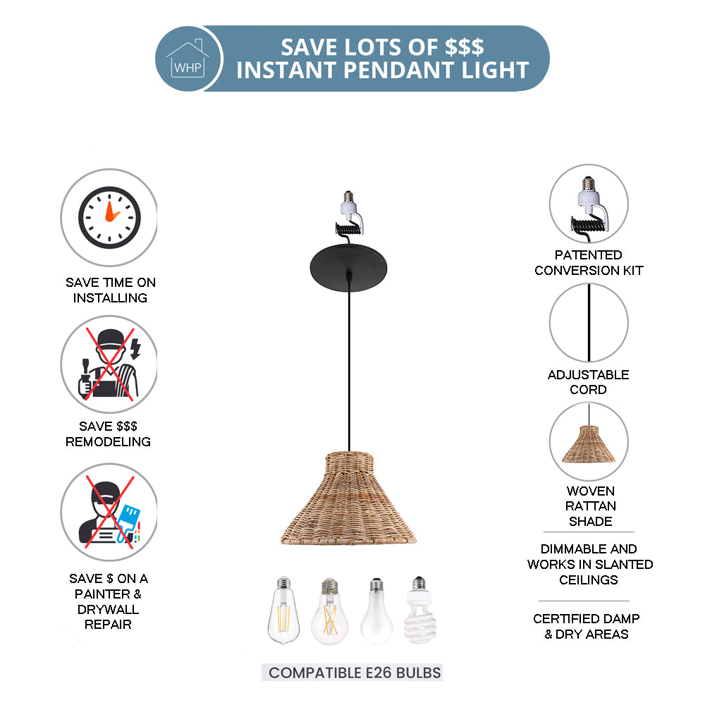 NEW Matte Black Instant Pendant Light - Recessed Can Conversion Kit with Woven Honey Rattan Cone Shade (Backorders Ship 8/10)