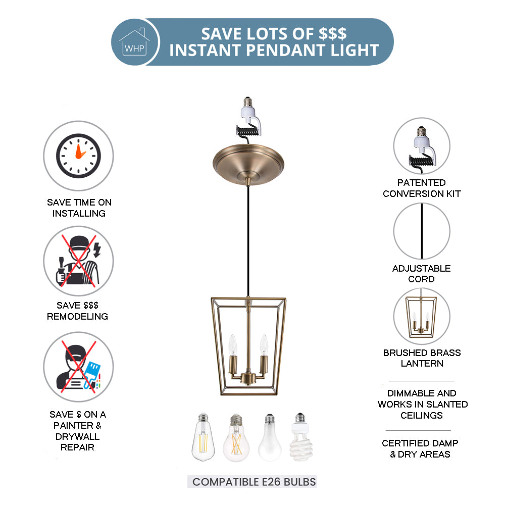 ** NEW ** Brushed Brass 2-Light Lantern Instant Pendant Recessed Can Conversion Kit