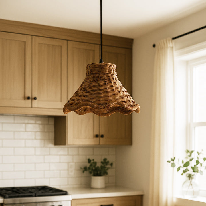 NEW Woven Rattan Scalloped Shade w/ Matte Black Recessed Can Conversion Kit