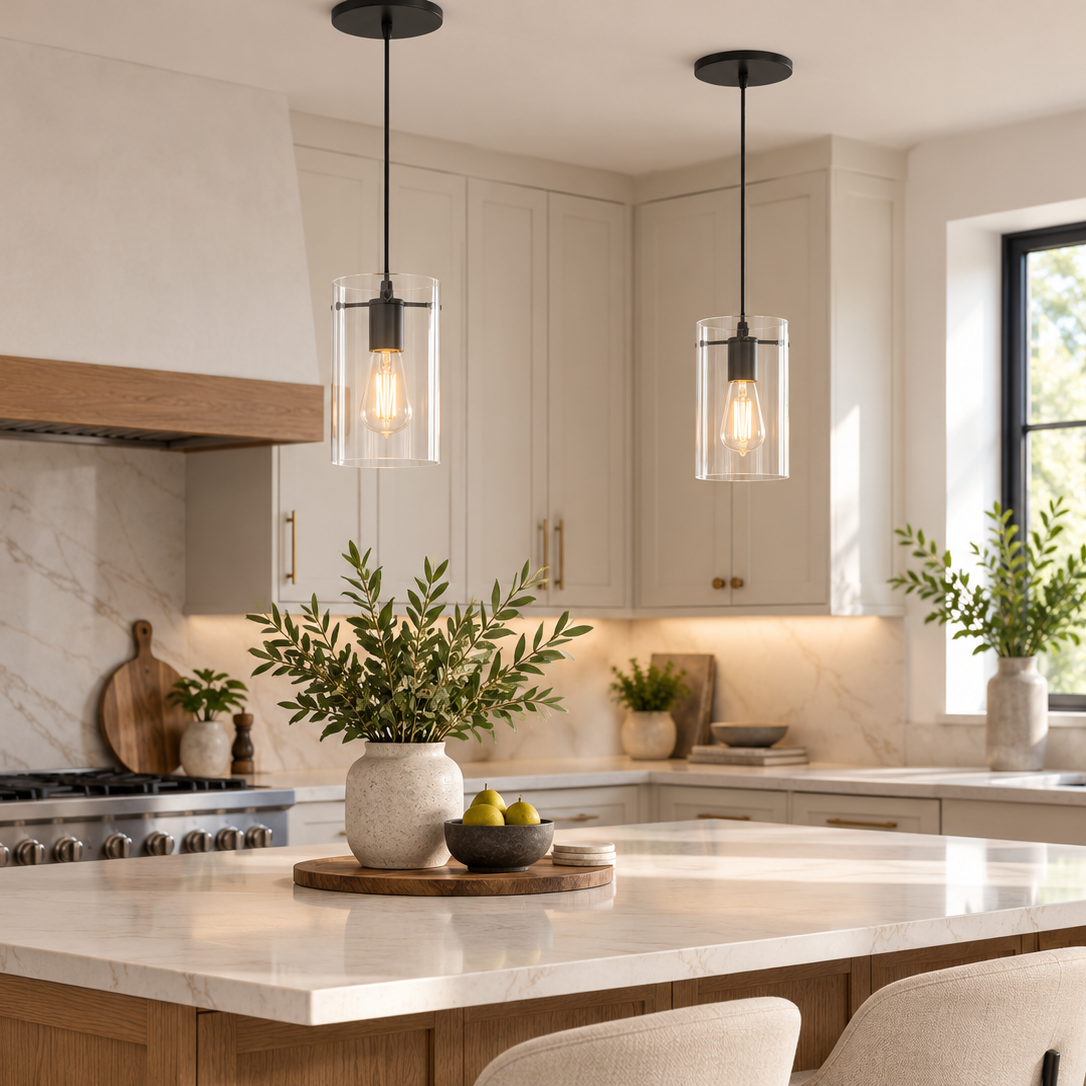 Matte Black Instant Pendant Light - Recessed Can Conversion Kit with Cylinder Glass Shade