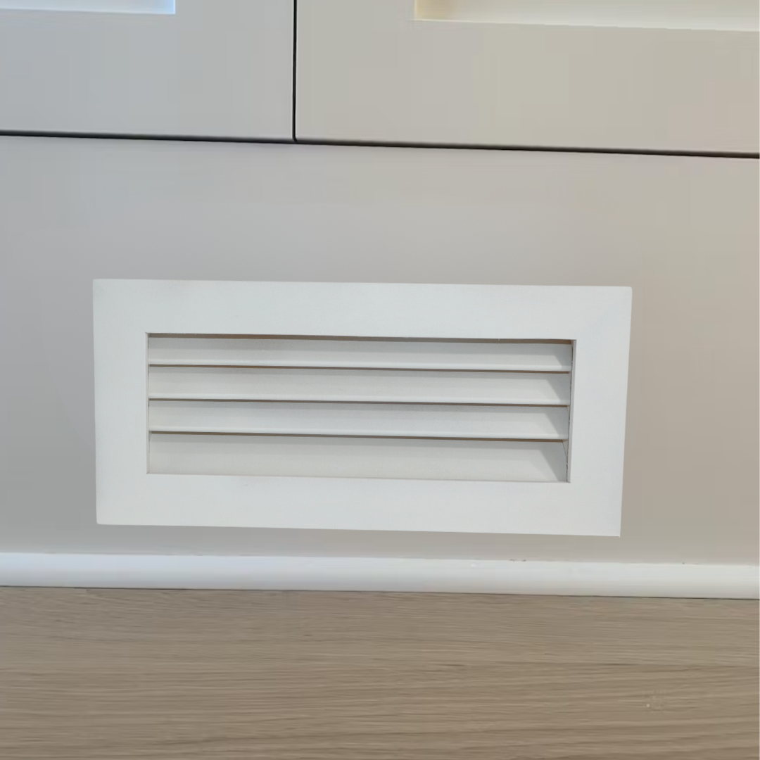 Luxury White Primed Wood Out-take Registers installed above floor