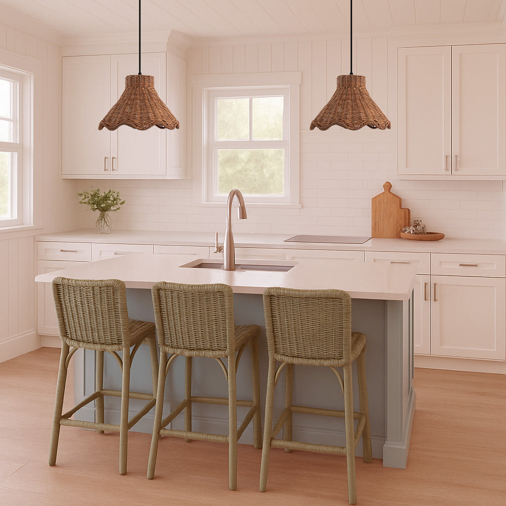 NEW Woven Rattan Scalloped Shade w/Oil Rubbed Bronze Recessed Can Conversion Kit (SHIPS 10/22)