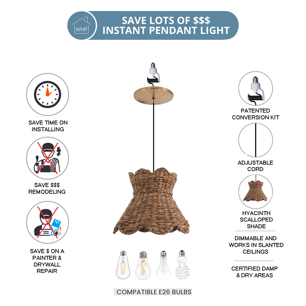 NEW Large 15" Woven Hyacinth Scallop Shade w/ Satin Brass Recessed Can Conversion Kit