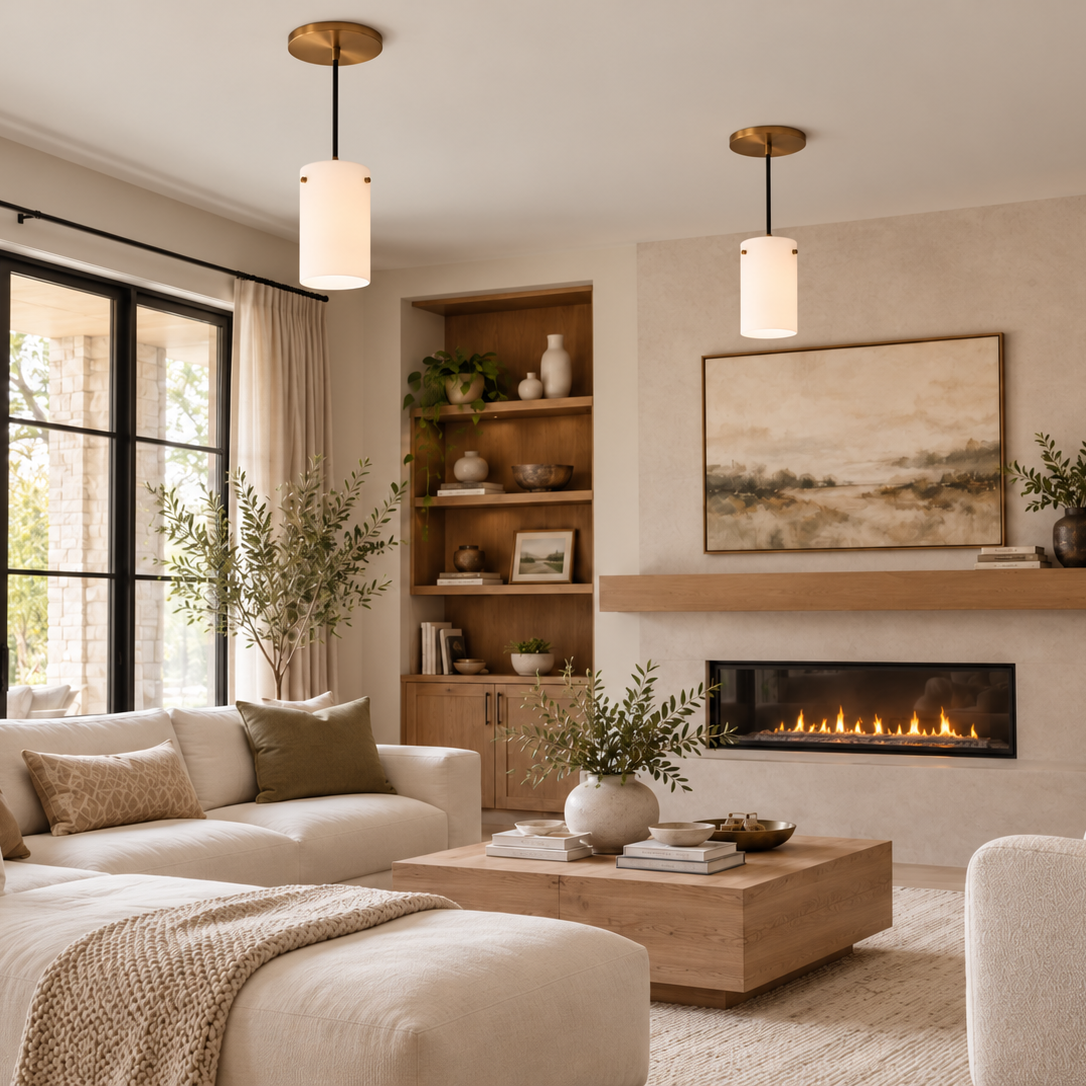 NEW Satin Brass Instant Pendant Light - Recessed Can Conversion Kit with Cylinder Milk Glass Shade