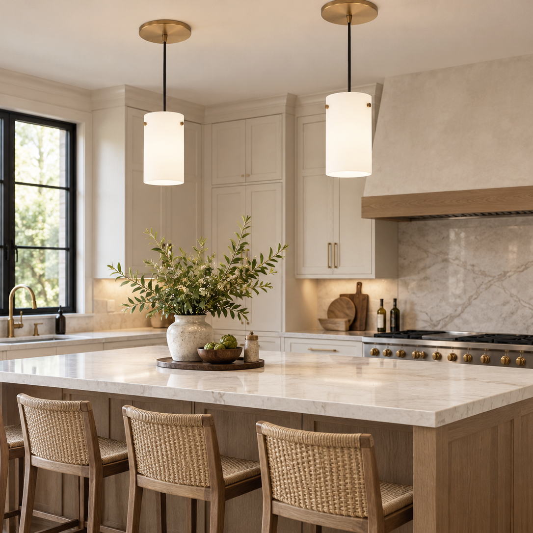 NEW Satin Brass Instant Pendant Light - Recessed Can Conversion Kit with Cylinder Milk Glass Shade