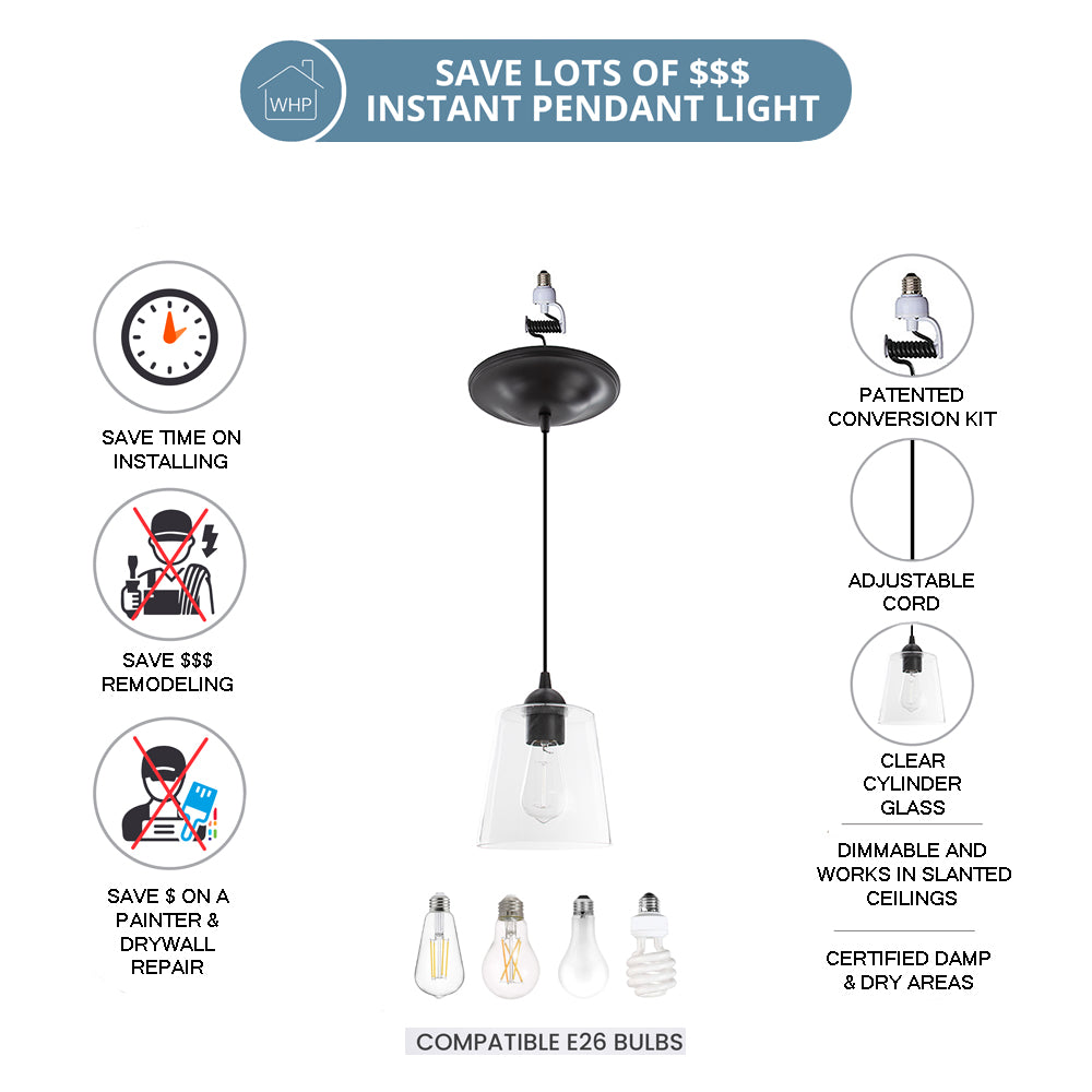 Oil Rubbed Bronze Instant Pendant Light - Recessed Can Conversion Kit with Small Clear Glass Cylinder Shade