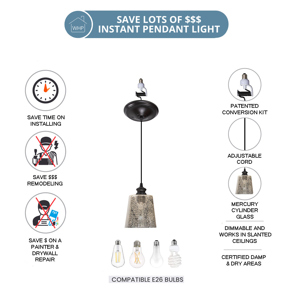 NEW Brushed Bronze Instant Pendant Light - Recessed Can Conversion Kit with Mercury Glass Cylinder Shade
