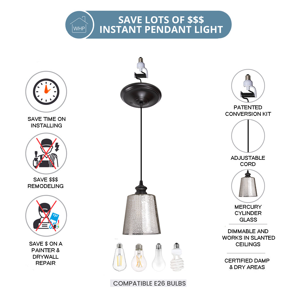 NEW Brushed Bronze Instant Pendant Light - Recessed Can Conversion Kit with Small Mercury Glass Cylinder Shade