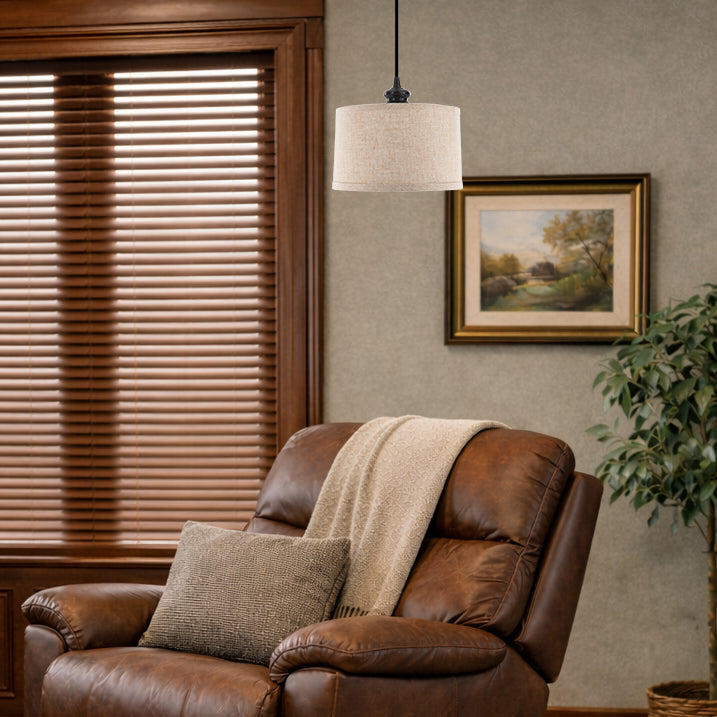 10" Linen Drum Shade Brushed Bronze Instant Pendant Recessed Conversion Kit