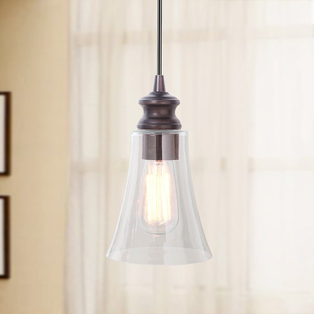 Brushed Bronze Clear Fluted Cone Glass Instant Pendant Light in living room