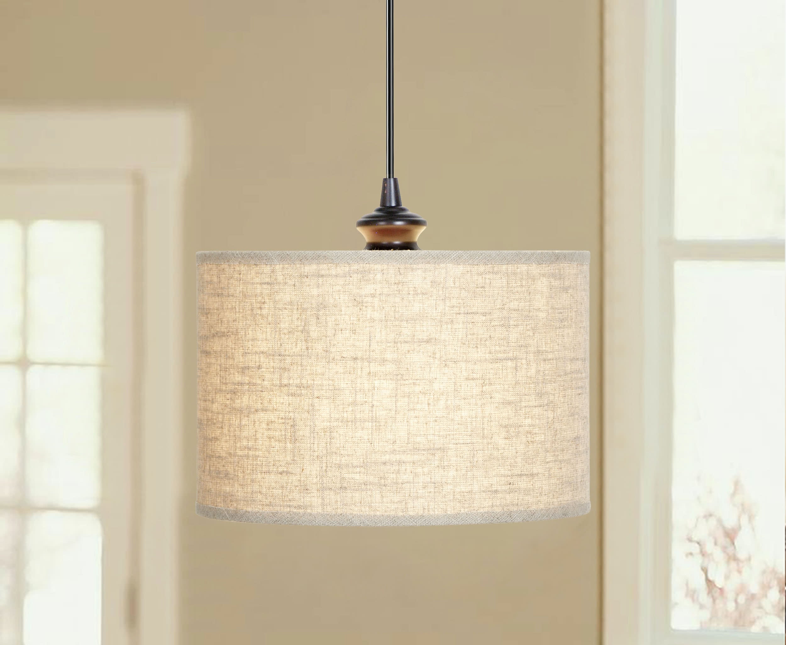 Lifestyle photo of Brushed Bronze 10" Linen Drum Shade Instant Pendant light