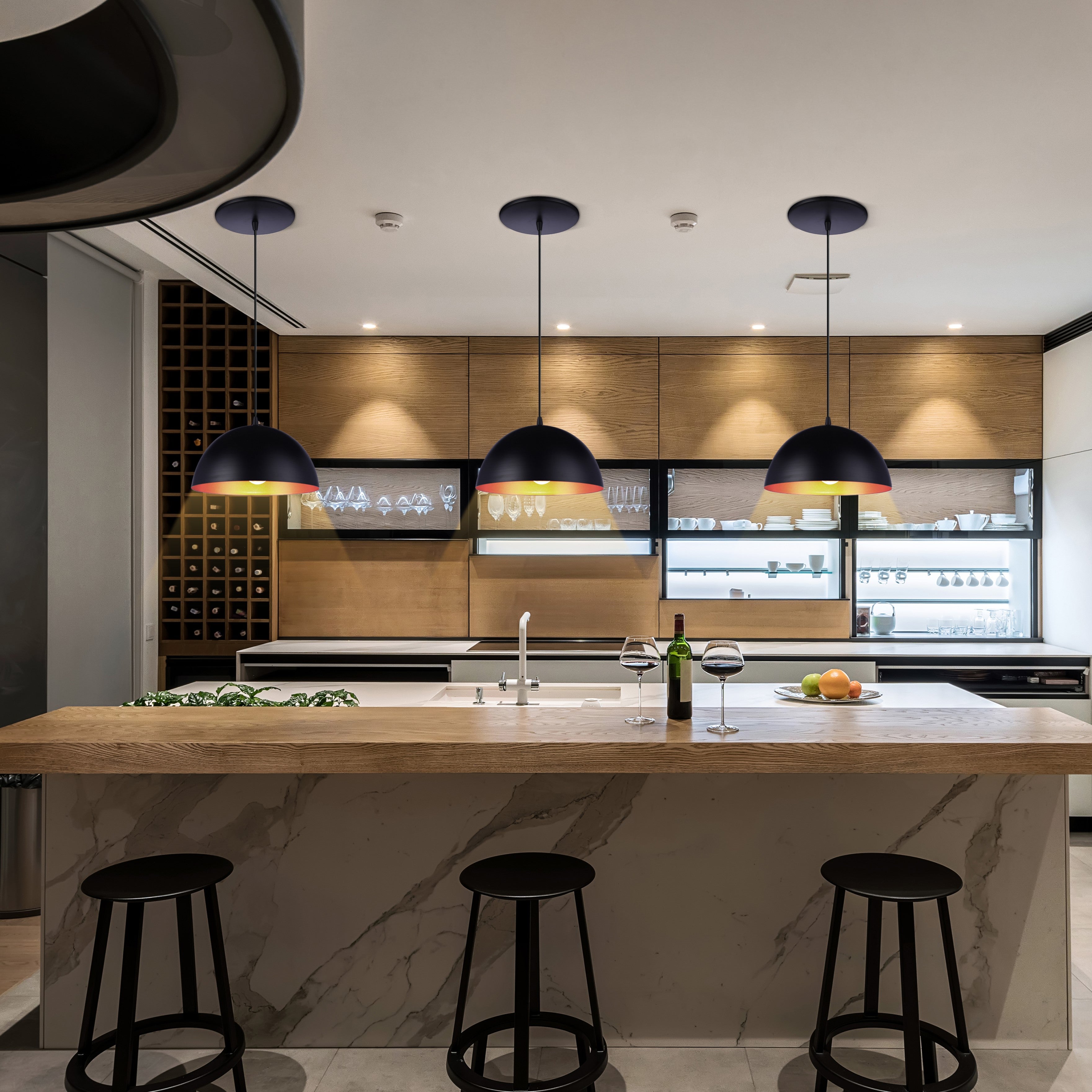 Large Matte Black & Gold Metal Dome Instant Pendant Recessed Can Light over a kitchen counter