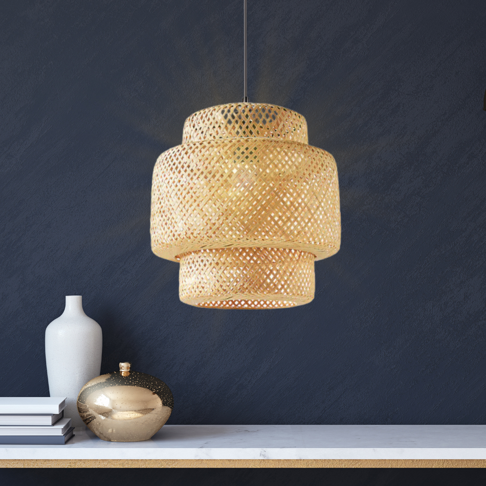 PKN-0216-0011 - Worth Home Products - XL 3-Tier Bamboo Shade w/ Bronze Instant Pendant Recessed Can Light - Lifestyle