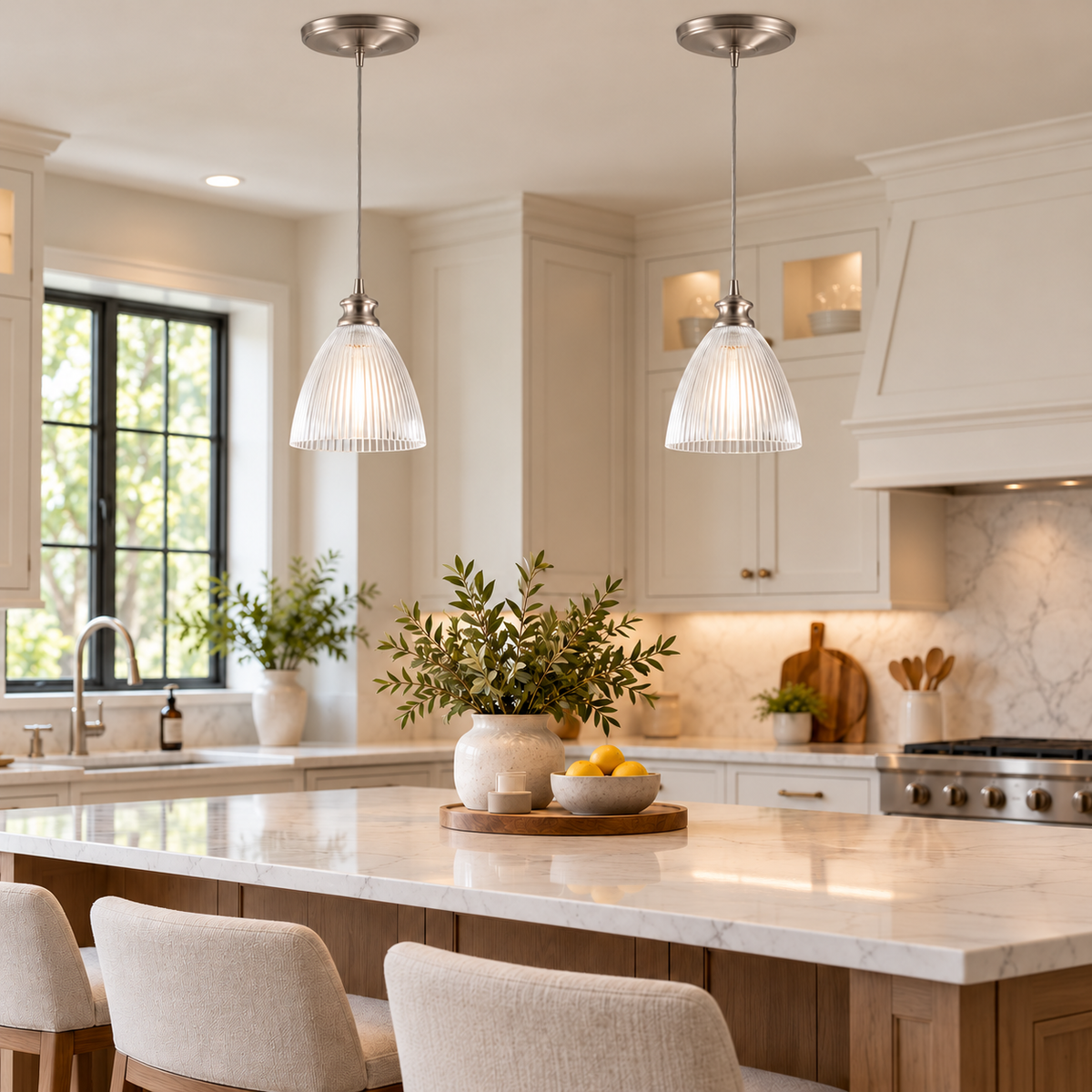 Brushed Nickel Instant Pendant Light - Recessed Can Conversion Kit with Ribbed Halophane Glass Dome