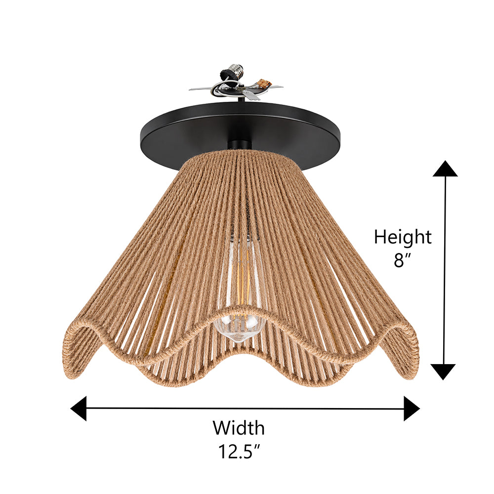 NEW Matte Black Instant Flush Mount Light - Recessed Can Conversion Kit with Rope Woven Jute Scalloped Shade
