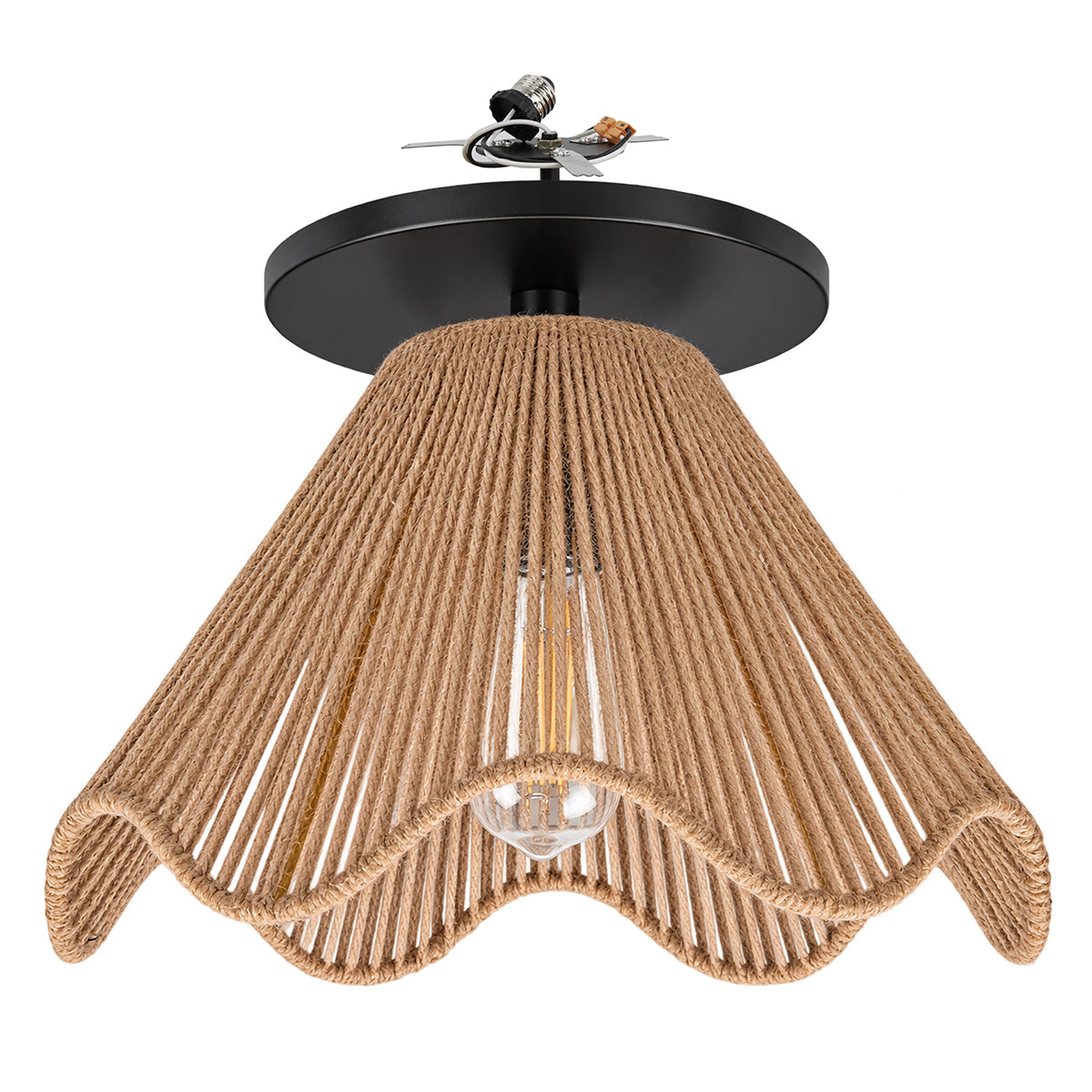 NEW Matte Black Instant Flush Mount Light - Recessed Can Conversion Kit with Rope Woven Jute Scalloped Shade