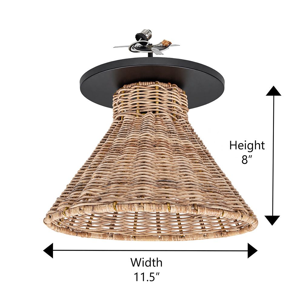 NEW Matte Black Instant Flush Mount Light - Recessed Can Conversion Kit with Woven Honey Rattan Cone Shade