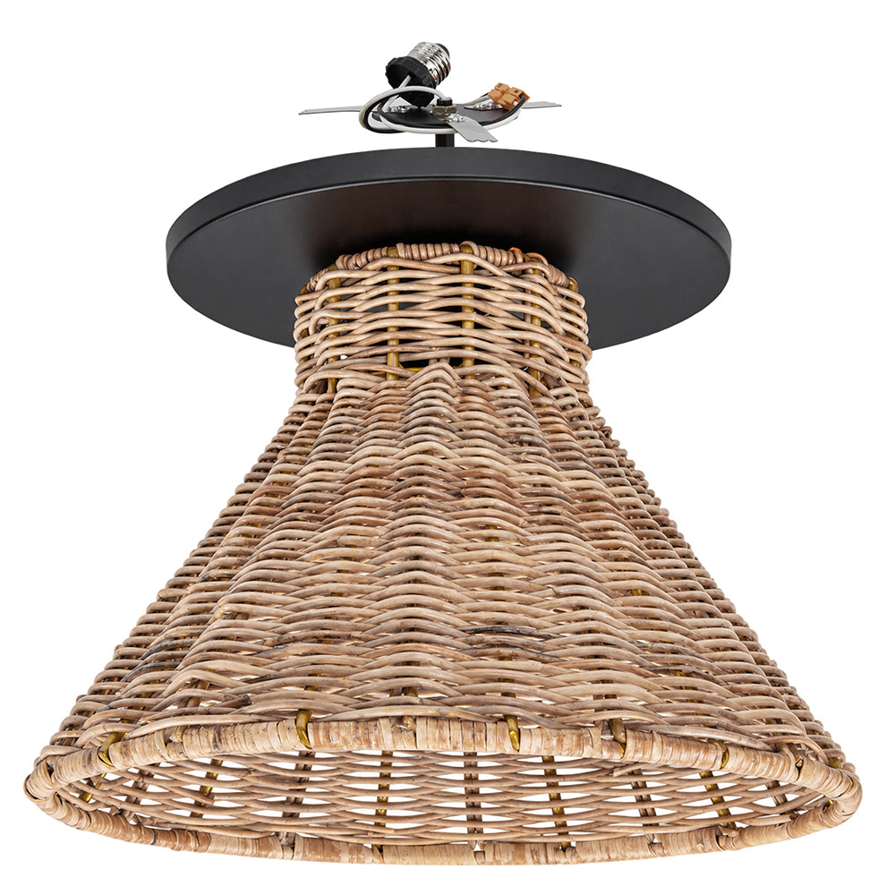 NEW Matte Black Instant Flush Mount Light - Recessed Can Conversion Kit with Woven Honey Rattan Cone Shade