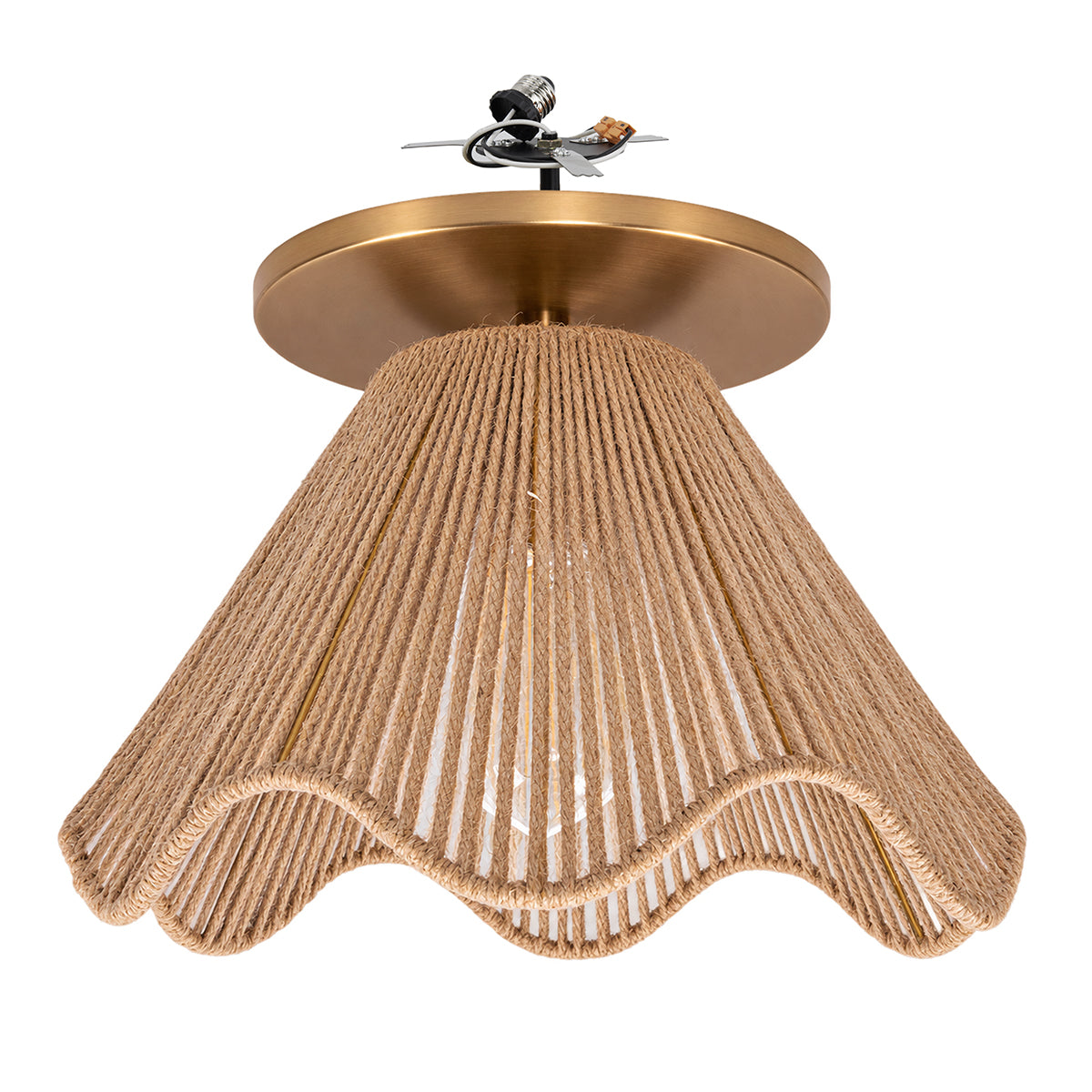 NEW Satin Brass Instant Flush Mount Light - Recessed Can Conversion Kit with Rope Woven Jute Scalloped Shade