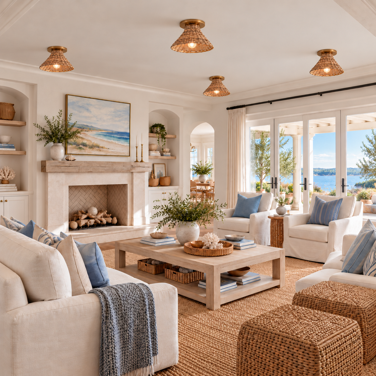 NEW Satin Brass Instant Flush Mount Light - Recessed Can Conversion Kit with Woven Honey Rattan Cone Shade