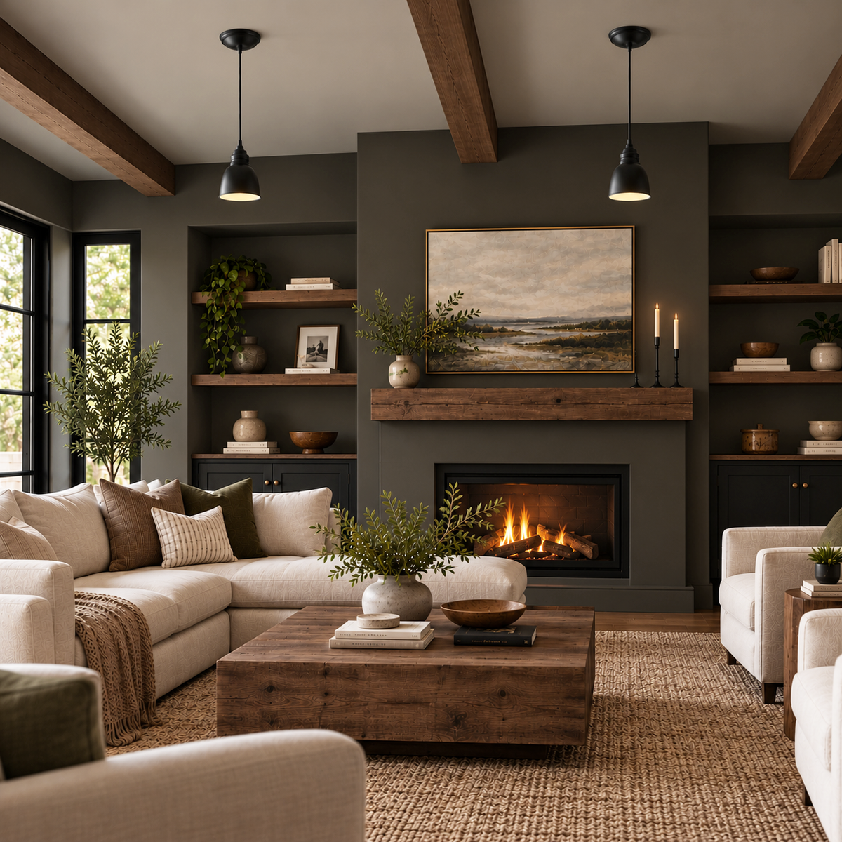 Matte Black Instant Pendant LIght with Small Metal Dome in Rustic Living Room