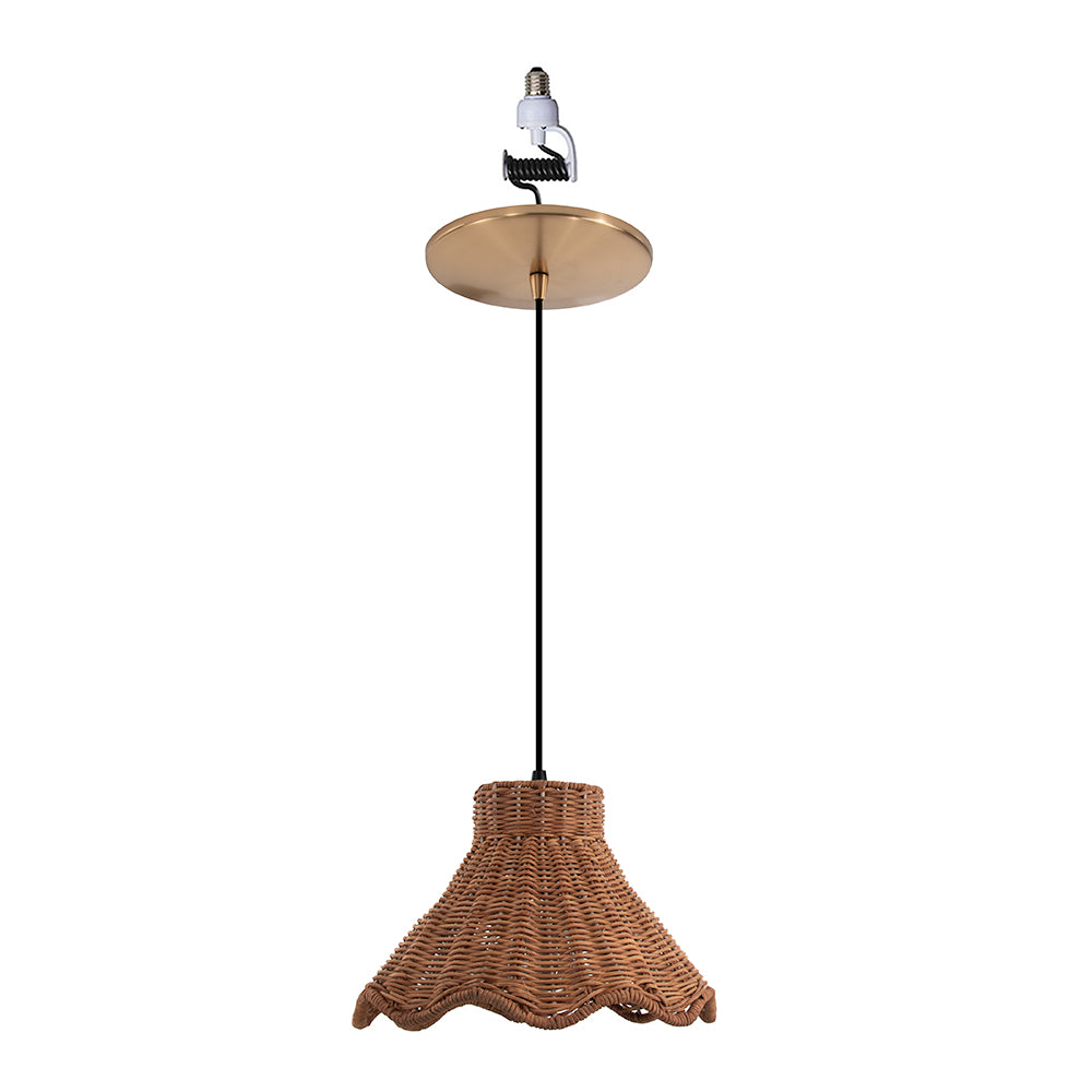 NEW Woven Rattan Scalloped Shade w/ Satin Brass Recessed Can Conversion Kit