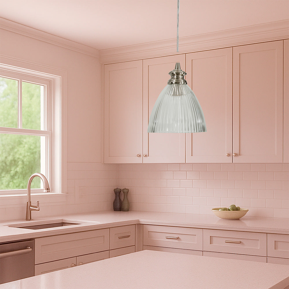 Ribbed Halophane Glass Brushed Nickel Instant Pendant Recessed Can Conversion Kit (PRE-ORDER SHIPS 9/22)