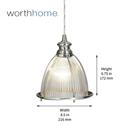 PBN-0406-0030-R - Worth Home Products Instant Pendant Light - Brushed Nickel Ribbed Halophane Glass Instant Pendant Light - Can Light to Pendant Light Conversion Kit for Kitchen Island, Dining Room, Living Room, Home Office - Dimensions