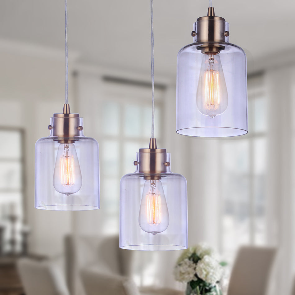 PBN-1033-60SB - Living Room Pendant - Worth Home Prducts Instant Pendant Light - Satin Brass Modern Cylinder Clear Glass Instant Pendant Light - Can Light to Pendant Light Conversion Kit for Kitchen Isalnd, Dinig Room, Living Room, Home Office