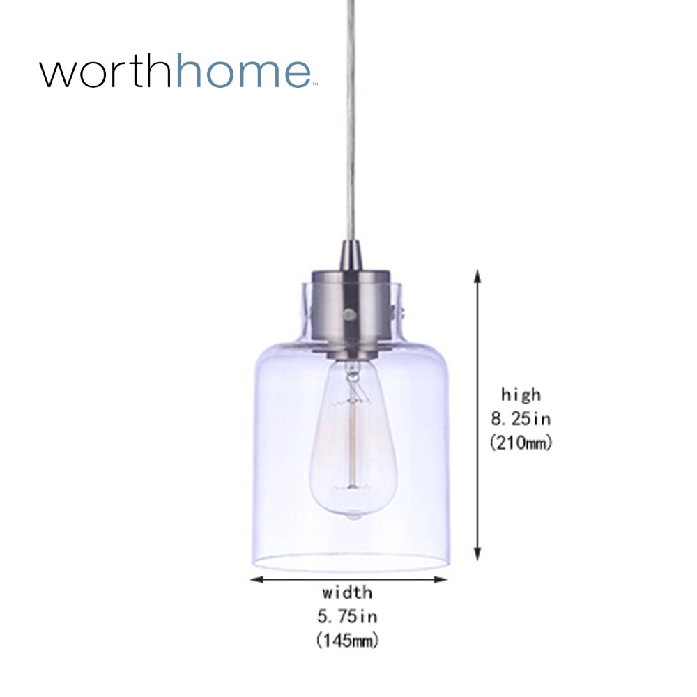 PBN-1033-6BNK  - Dimensions - Worth Home Prducts Instant Pendant Light - Brushed Nickel Modern Cylinder Clear Glass Instant Pendant Light - Can Light to Pendant Light Conversion Kit for Kitchen Isalnd, Dinig Room, Living Room, Home Office