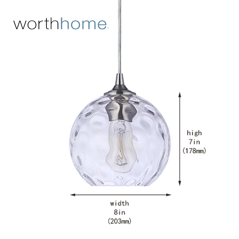 PBN-2301-9BNK Worth Home Products Instant Pendant Light - Brushed Nickel Clear Water Glass Globe Instant Pendant Recessed Can Conversion Kit - Can Light to Pendant Light Conversion Kit for Kitchen Island, Dining Room, Living Room, Home Office