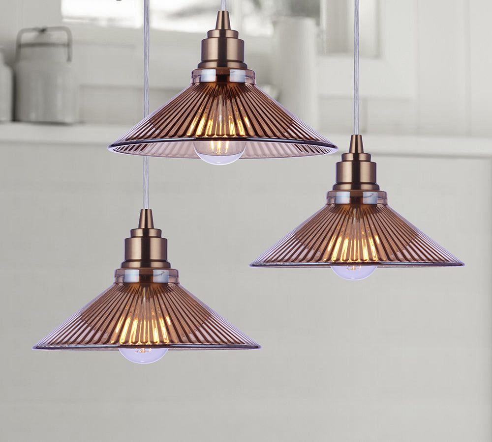 Worth Home Products - Satin Brass Ribbed Amber Glass Instant Pendant Lights - Beautfil pendant lights for kitchen islands, dining rooms, living rooms, and home office - PBN-2302-60SB