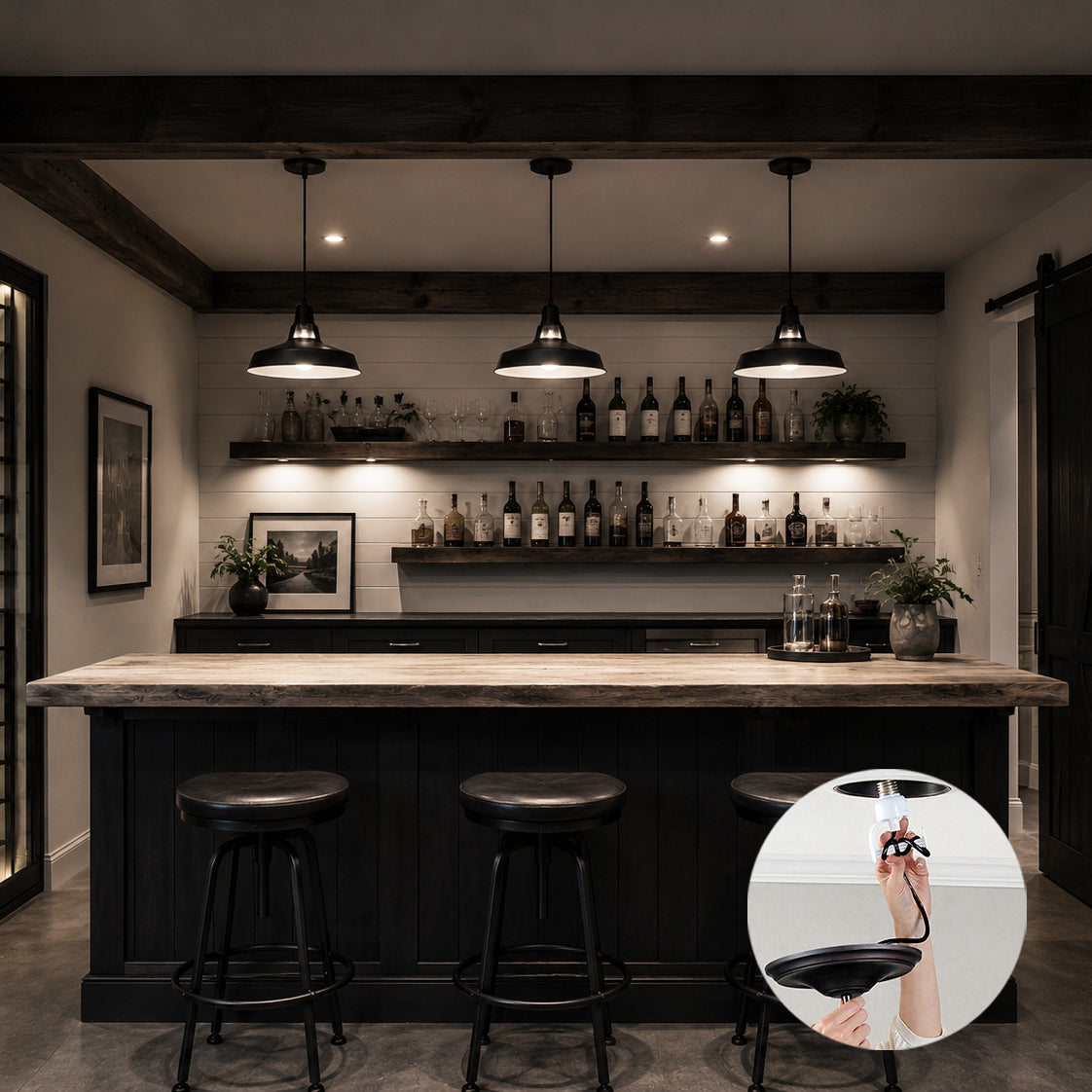 Matte Black Instant Pendant Light - Recessed Can Conversion Kit with Modern Farmhouse Metal Dome