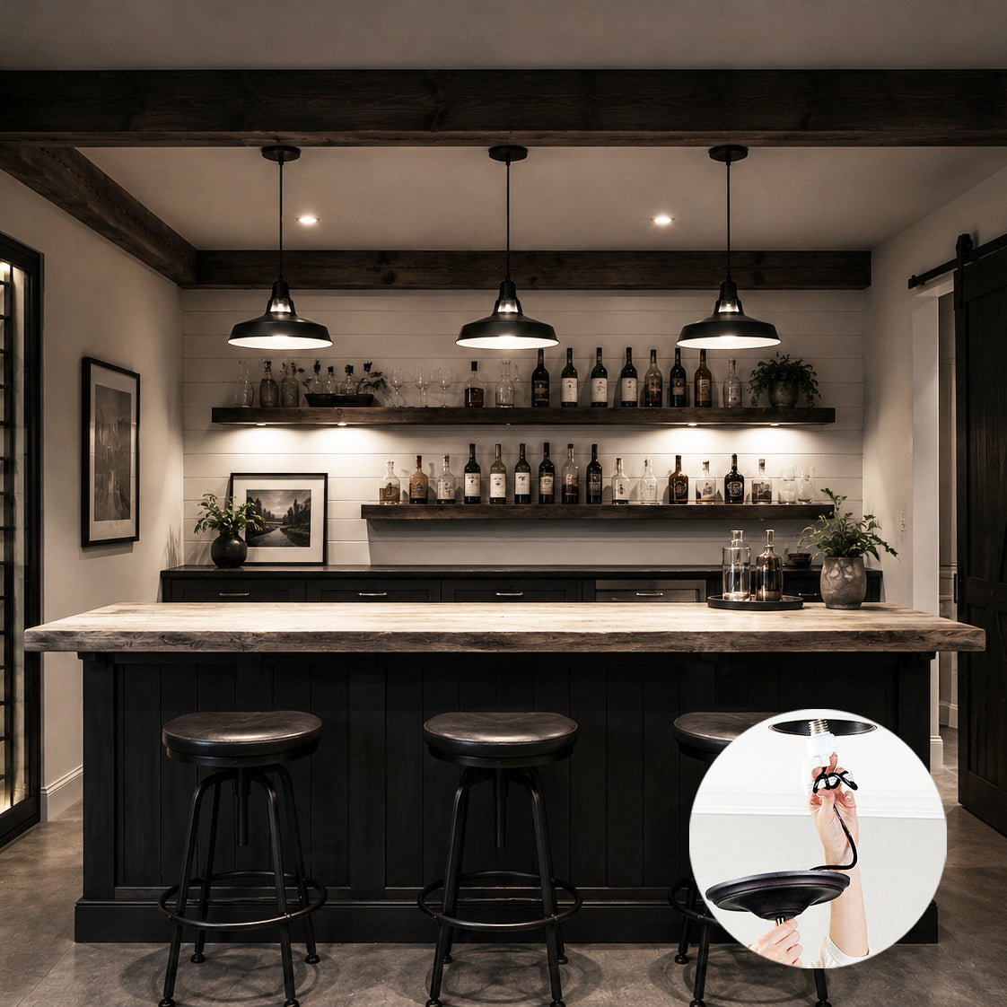 Modern Farmhouse Matte Black Metal Instant Pendant Light - Recessed Can Conversion Kit
