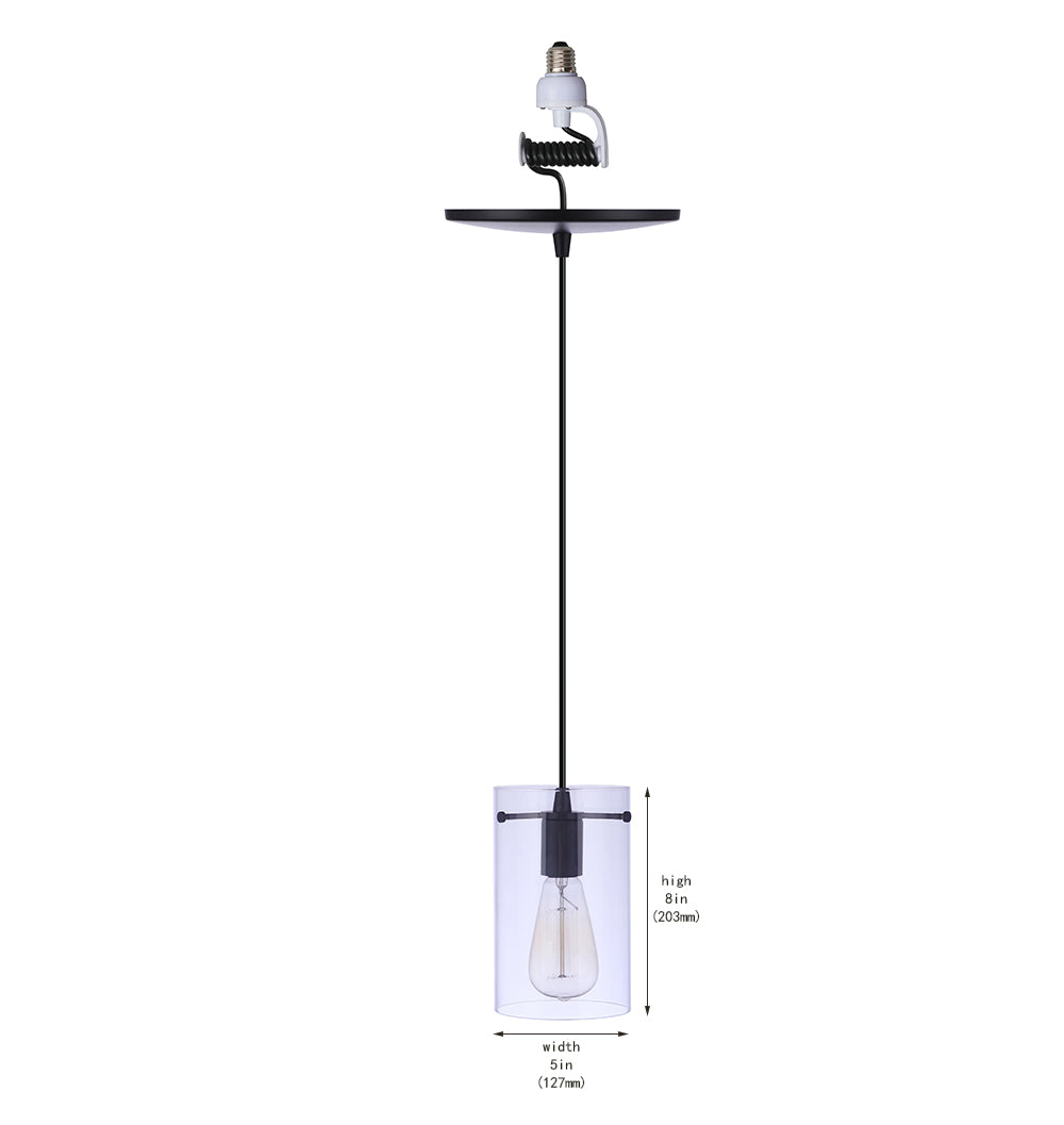 Worth Home Products - Matte Black Minimalist Cylinder Glass  Instant pendant Light - Can light to pendant light Conversion kit for kitchen island, breakfast nook, dinig room, living room and home office - PBN-2344-90MB Dimensions