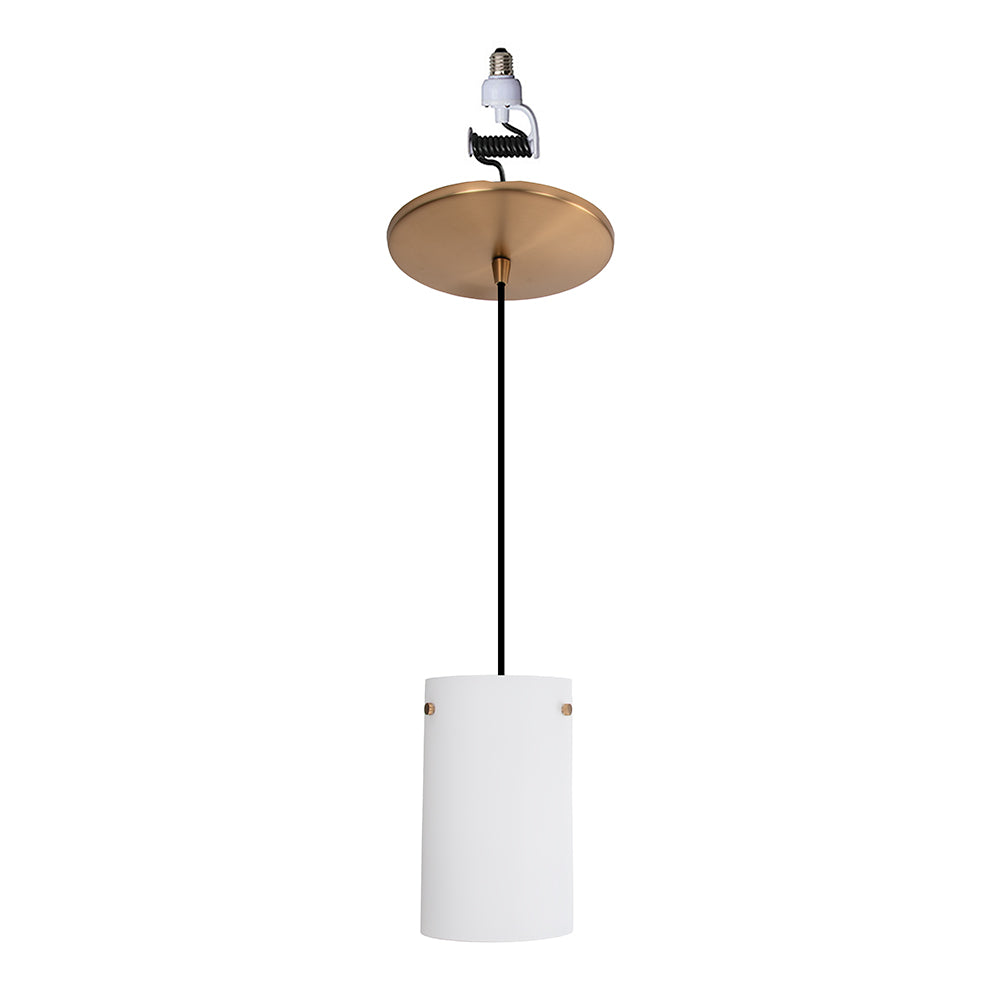 NEW Satin Brass Instant Pendant Light - Recessed Can Conversion Kit with Cylinder Milk Glass Shade