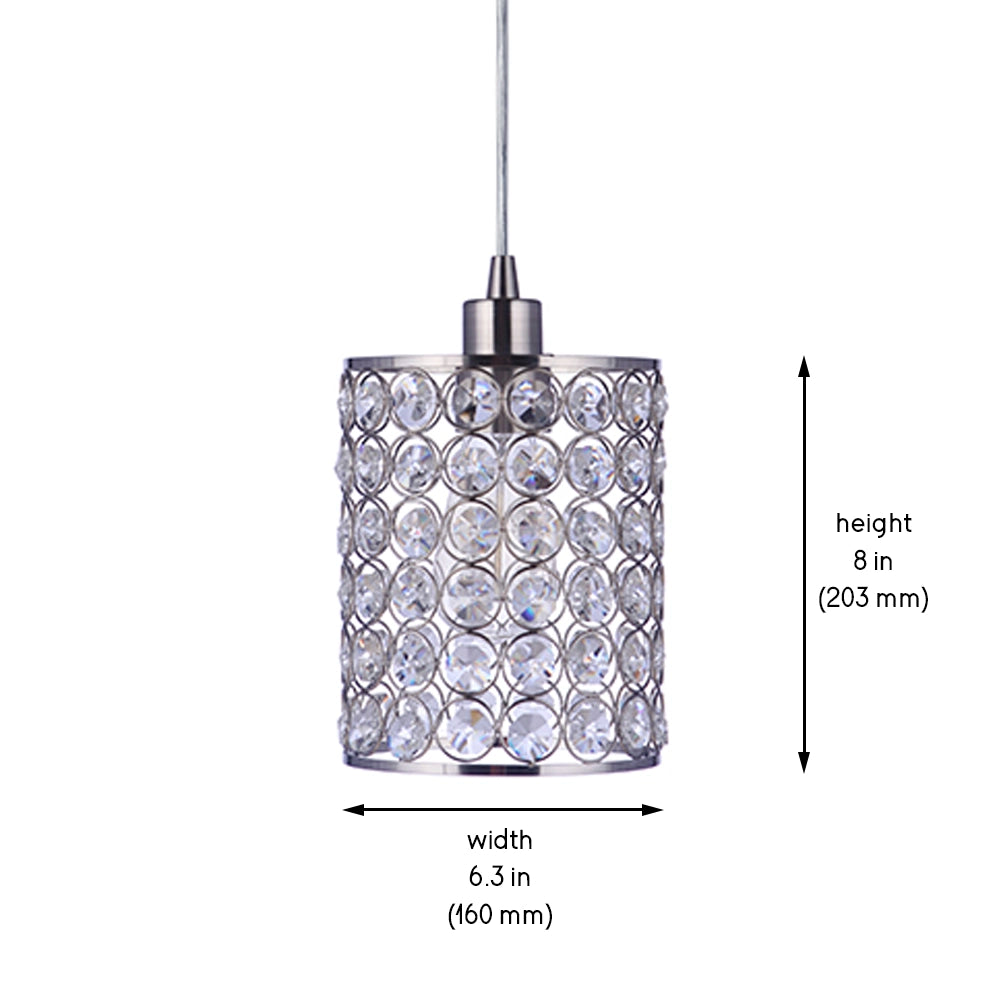 Worth Home Products - Brushed Nickel Cylinder Crystal luxury Instant Pendant Light - Can light to pendant light Conversion kit for kitchen island, breakfast nook, dinig room, living room and home office - PBN-2355-6BNK Dimensions