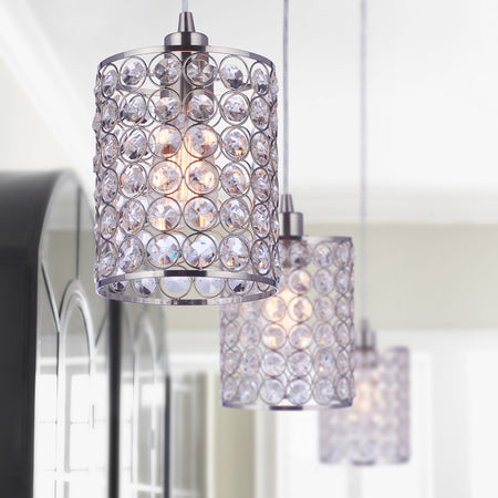 Worth Home Products - Brushed Nickle Cylinder Crystal luxry  Instant Pendant Light - Can light to pendant light Conversion kit for kitchen island, breakfast nook, dinig room, living room and home office. - PBN-2355-6BNK