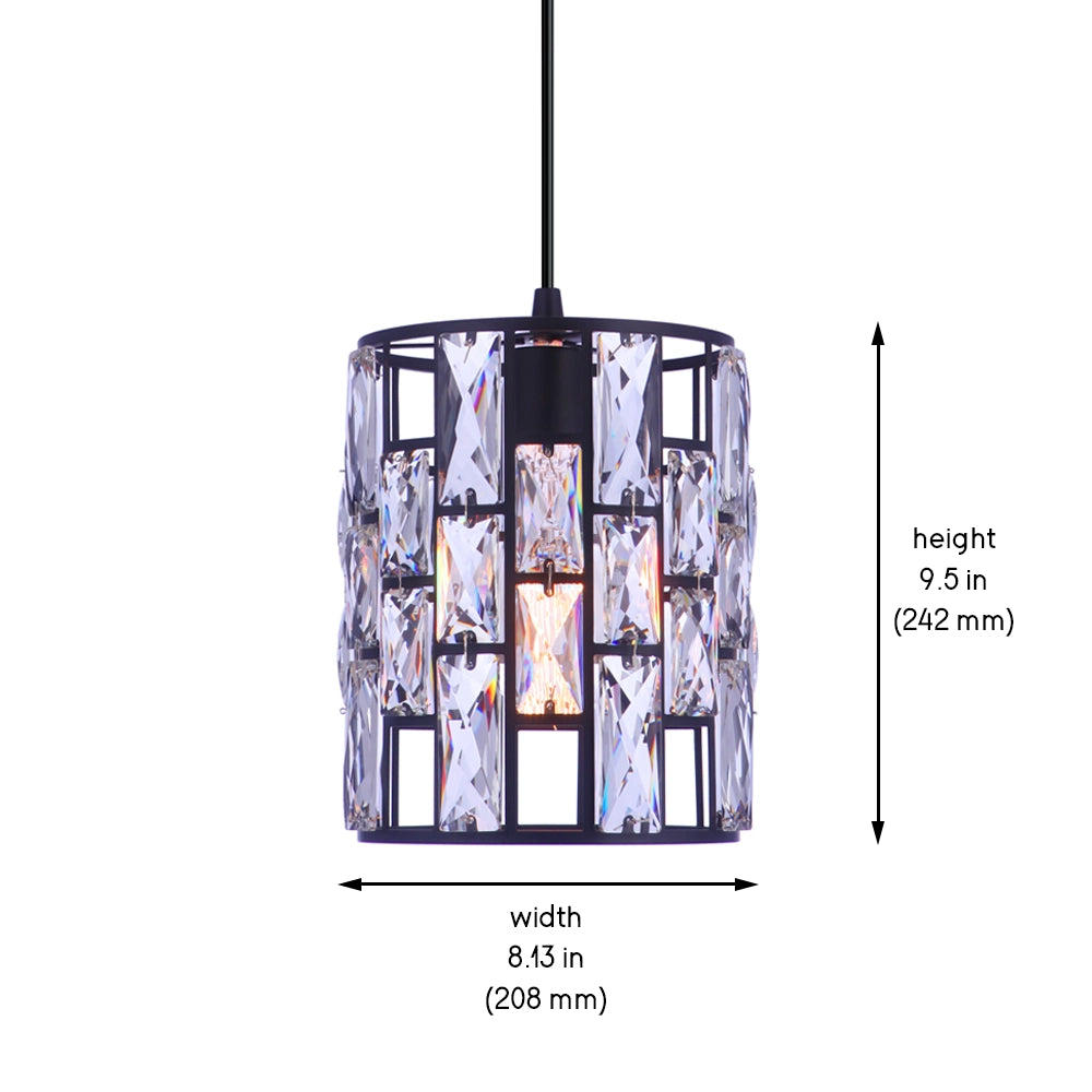 Worth Home Products - Matte Black Cylinder Crystal luxury Instant Pendant Light - Can light to pendant light Conversion kit for kitchen island, breakfast nook, dinig room, living room and home office - PBN-2357-65MB Dimensions