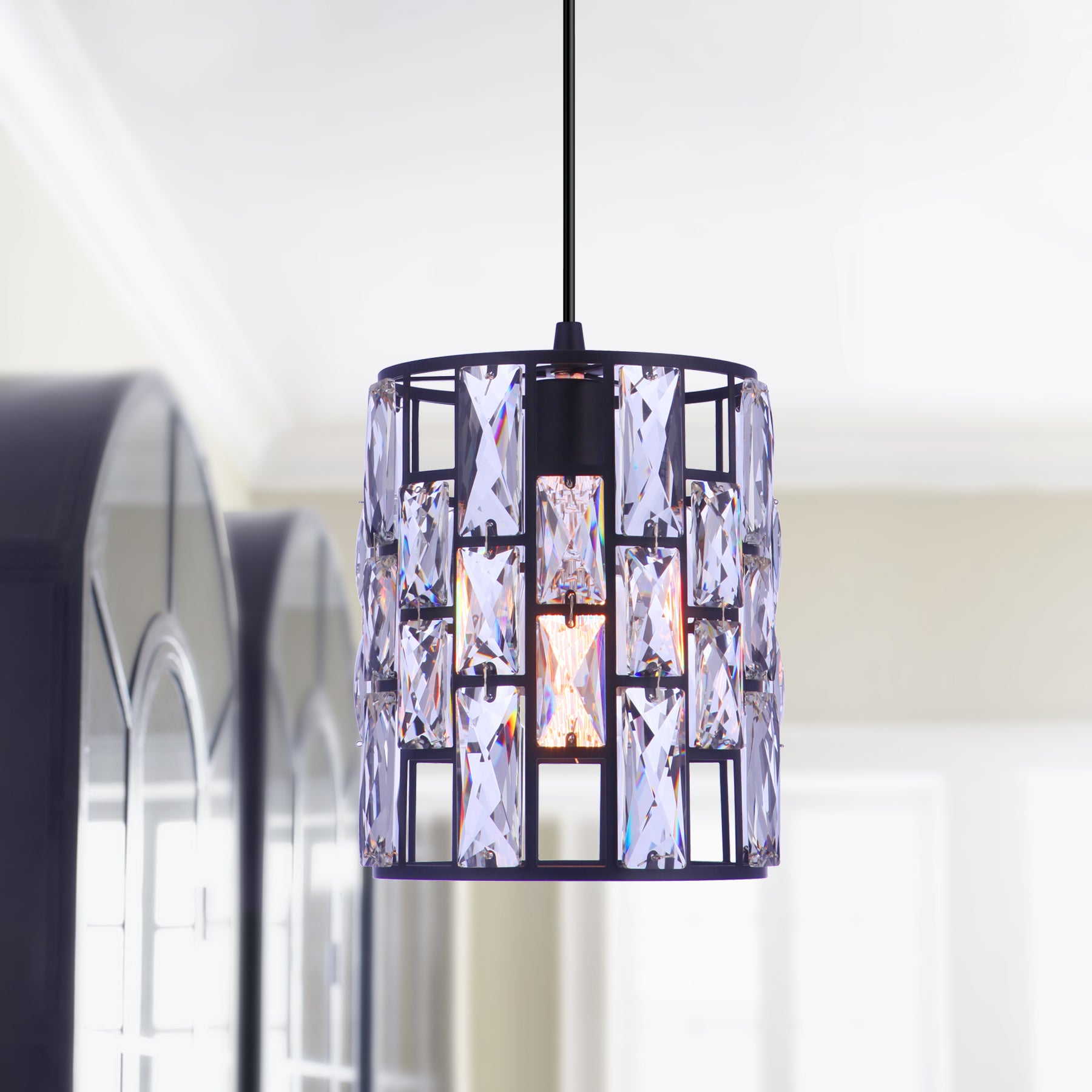 Worth Home Products - Matte Black Cylinder Crystal luxury Instant Pendant Light - Can light to pendant light Conversion kit for kitchen island, breakfast nook, dinig room, living room and home office - PBN-2357-65MB