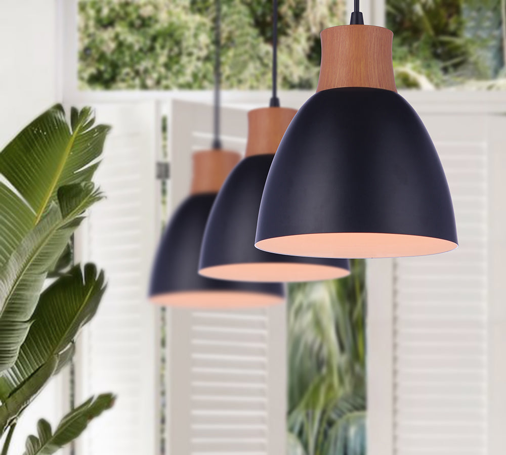 Worth Home Products - Matte Black + Wood Finish Cap Metal Dome Instant Pendant Light - Can light to pendant light Conversion kit for kitchen island, breakfast nook, dinig room, living room and home office. - PBN-2366-90MB