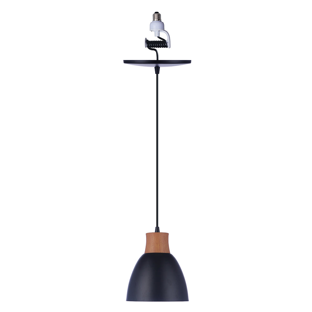 Worth Home Products - Matte Black + Wood Finish Cap Metal Dome Instant Pendant Light - Can light to pendant light Conversion kit for kitchen island, breakfast nook, dinig room, living room and home office - PBN-2366-90MB