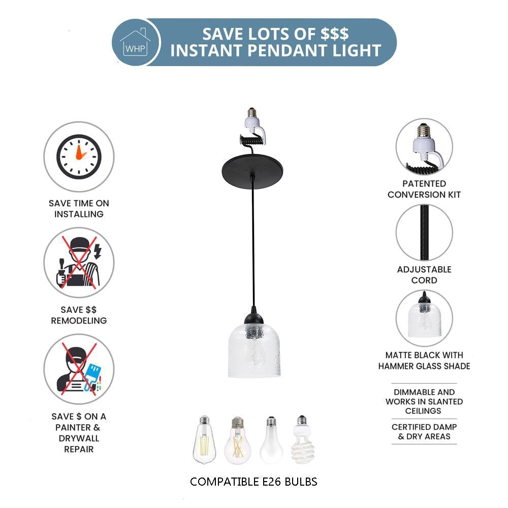 Matte Black Hammered Glass Instant Pendant Recessed Can Conversion Kit