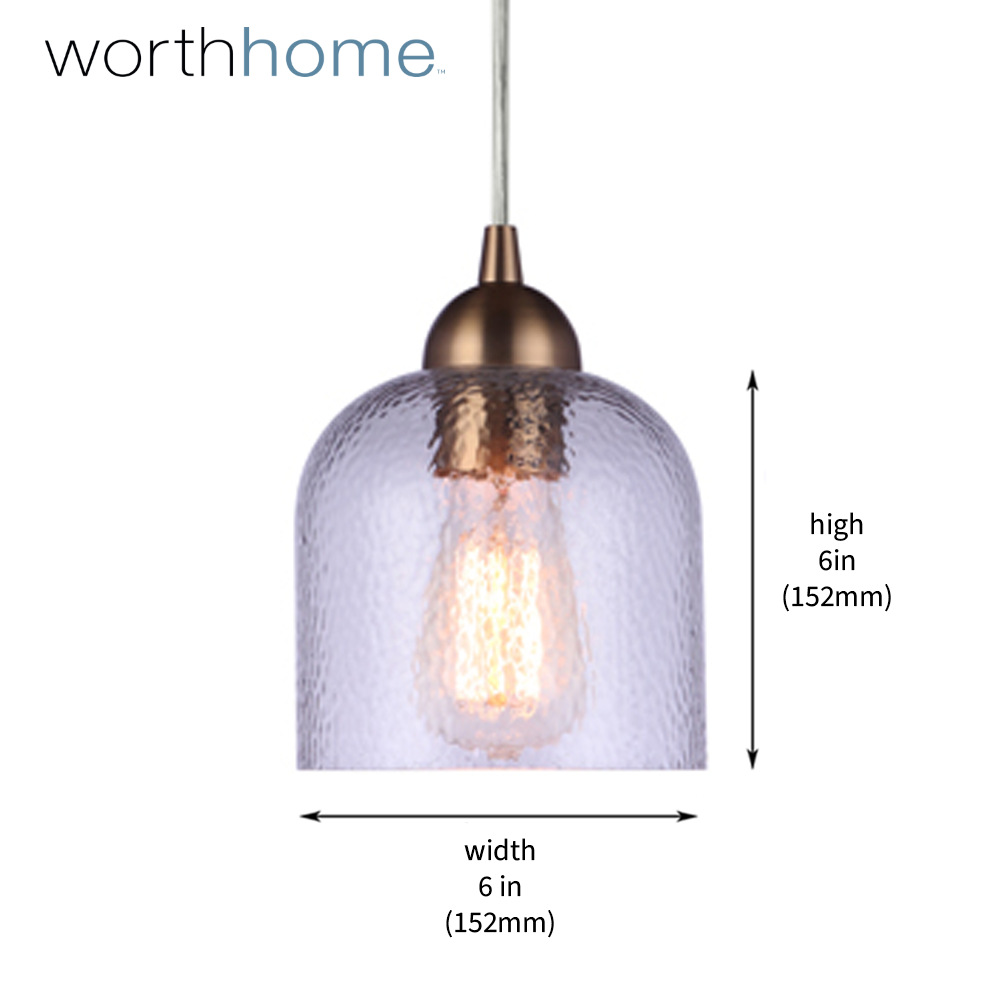 PBN-4400-6800 - Worth Home Products Instant Pendant Light - Satin Brass Clear Hammered Glass - Can Light to Pendant Light Conversion Kit for Kitchen Island, Dining Room, Living Room, Home Office - Dimensions